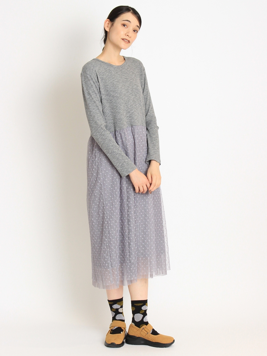 針抜きテレコ×ドット&プリーツチュールワンピース（カットワンピース